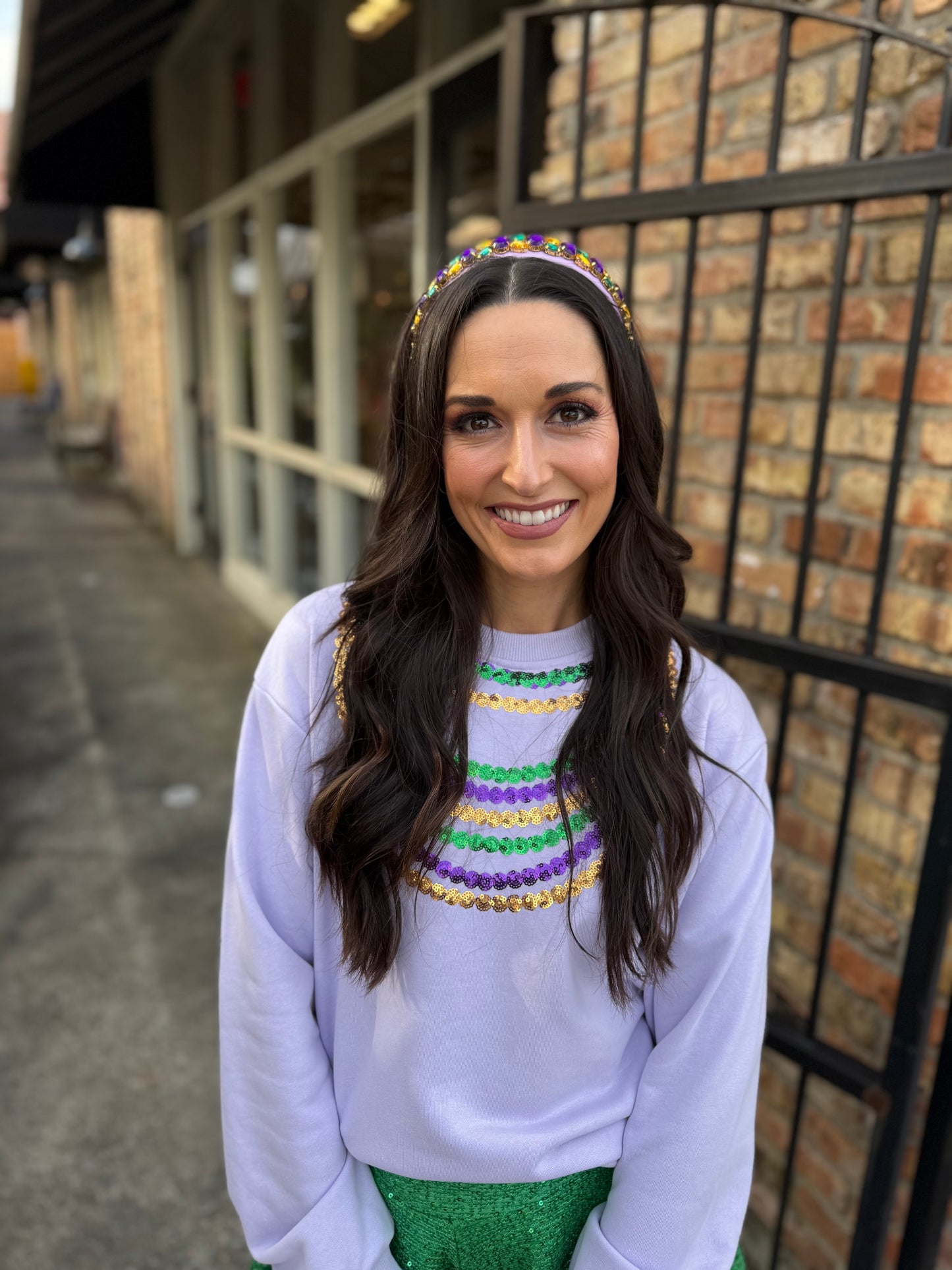 Mardi Gras Bead Sweatshirt- Lavender