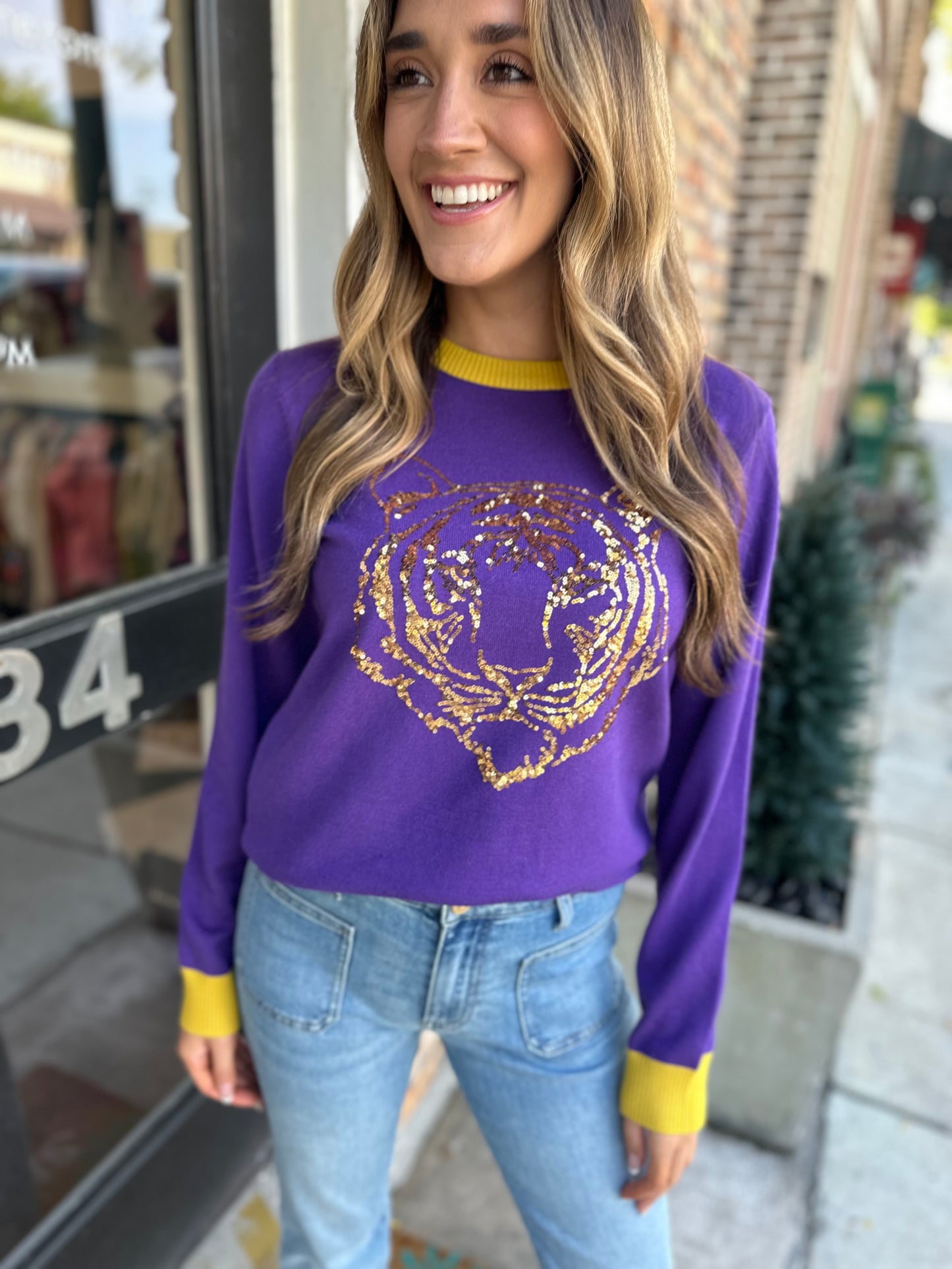 Tiger Head Long Sleeve Sweater- Purple