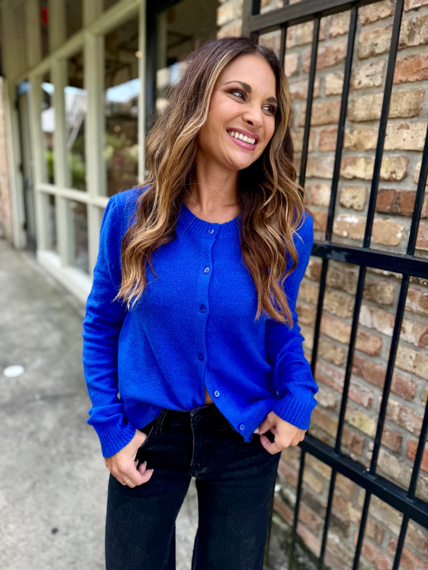 La Salle Crew Neck Cardigan- Cobalt