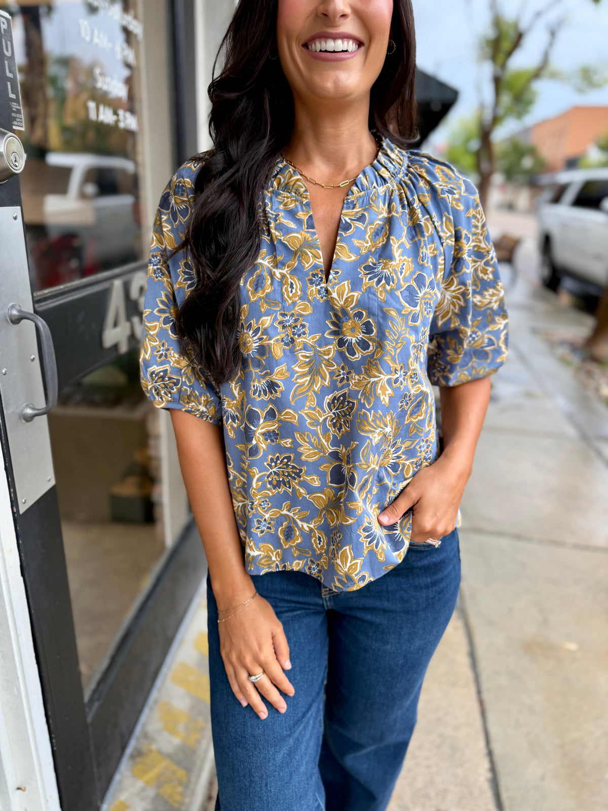 Luke Indigo Floral Ruffle Top
