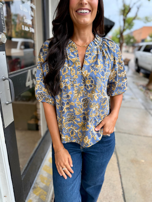 Luke Indigo Floral Ruffle Top