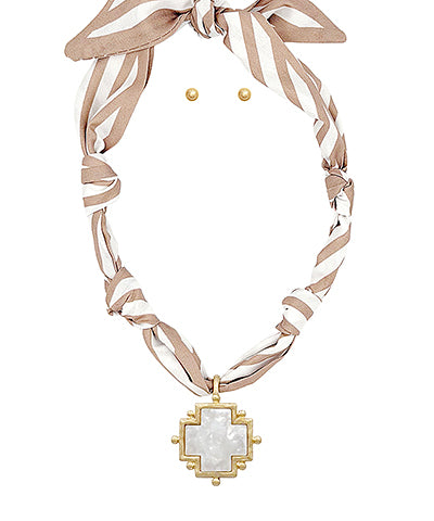 Scarf Necklace SET- Lt Brown Stripe/Cross