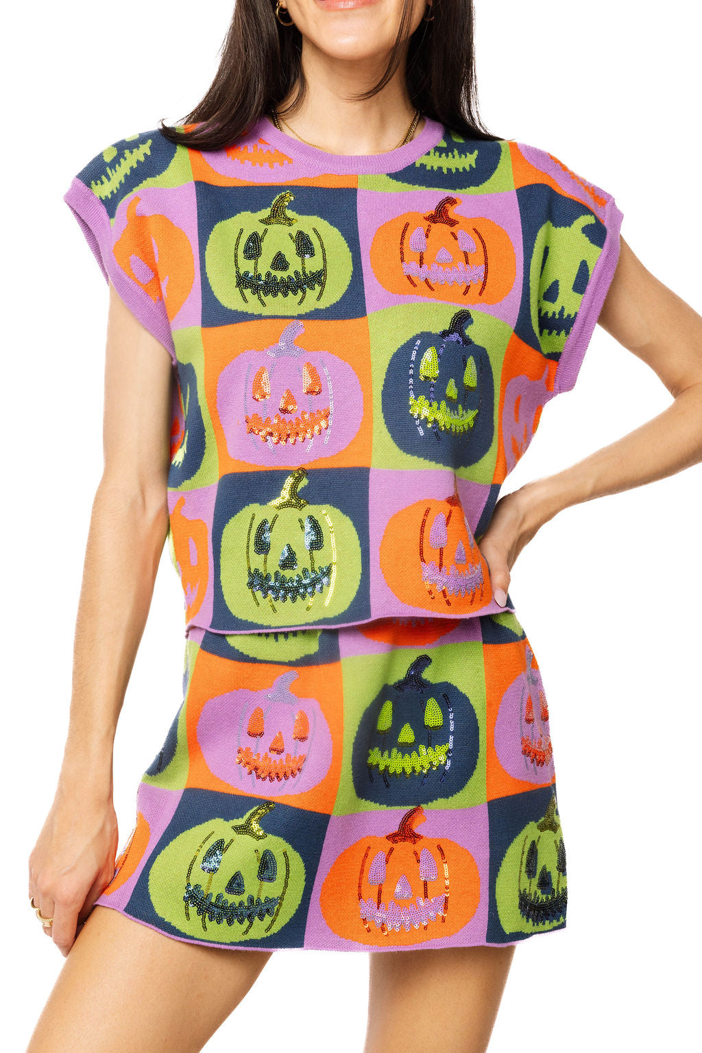 Checkered Pumpkin Knit Top