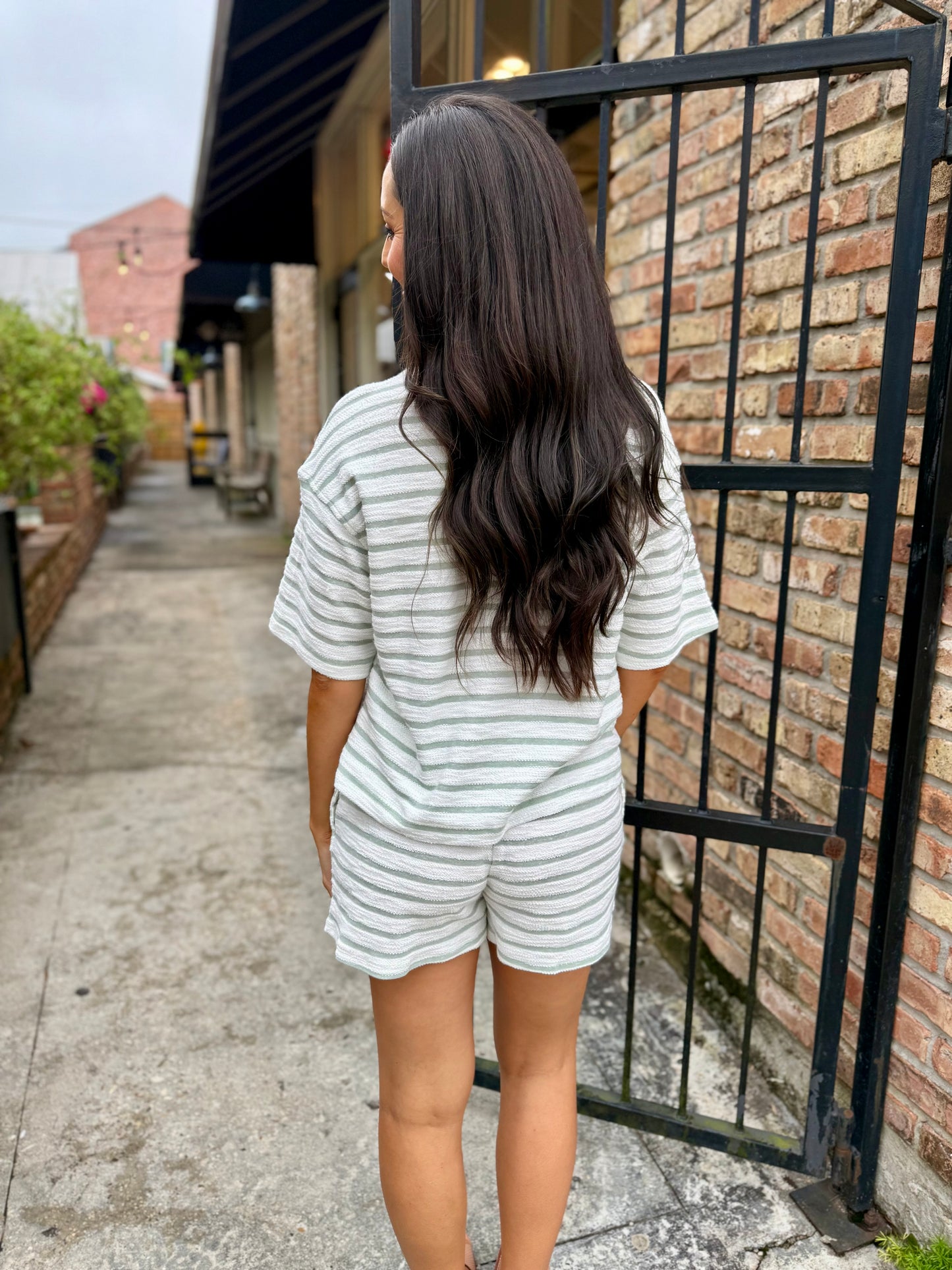 Chad Striped Terry Crew Neck Tee- Sage Green