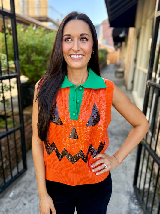 Queen Pumpkin Face Collar Button Up Vest