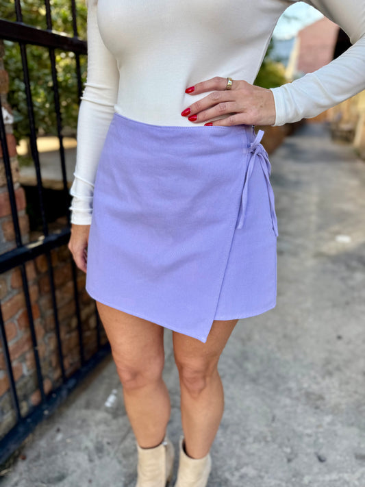 Landry Wrap Denim Mini Skort- Lavender