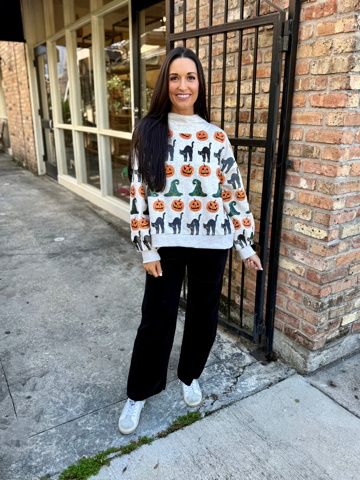 Witch Hat, Pumpkin & Cat Mockneck Sweatshirt