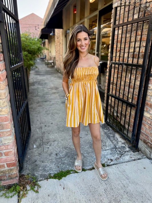 Huddle Striped Smocked Mini Dress- Butter Yellow