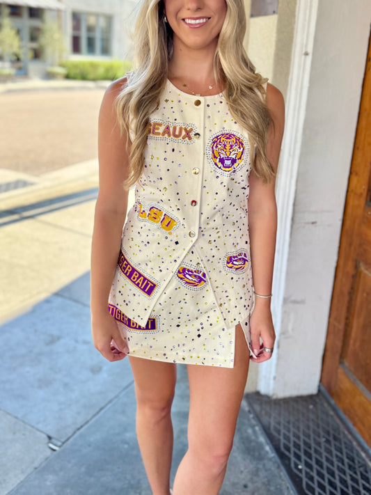 Queen LSU Scattered Logo Rhinestone Vest