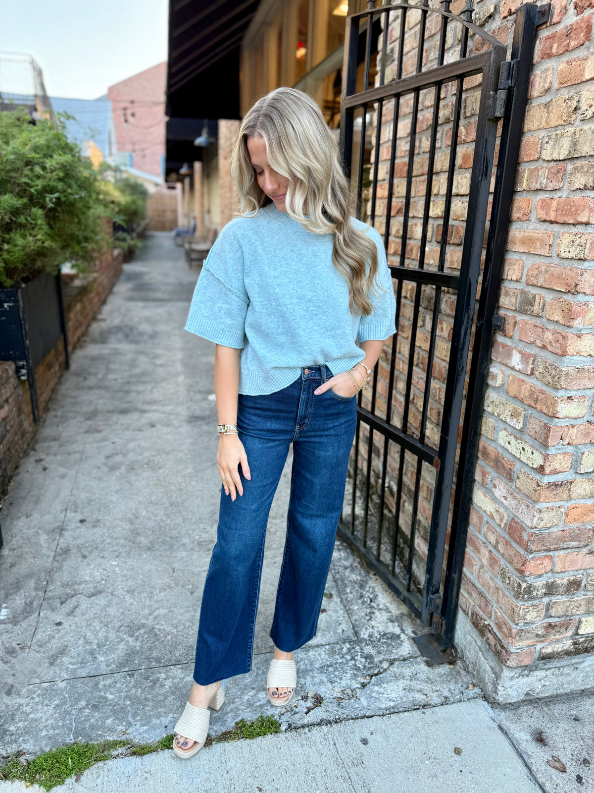 Brendan Mock Neck Sweater Top- Sky