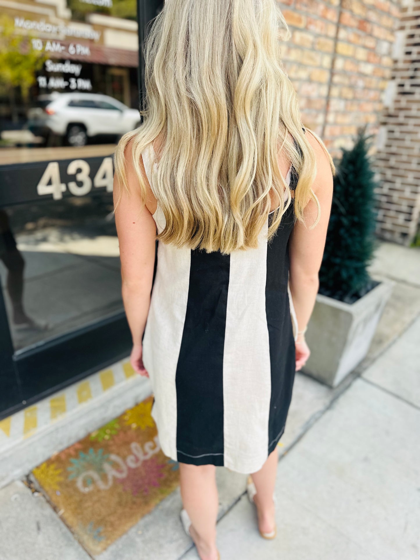 Color Block Linen Mini Dress- Black/Oatmeal