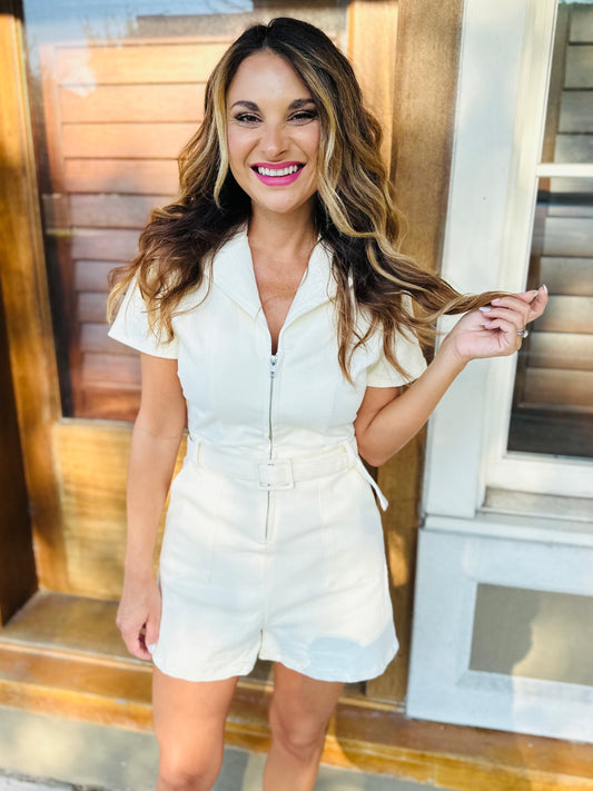 Live Happy Belted Romper- Ivory