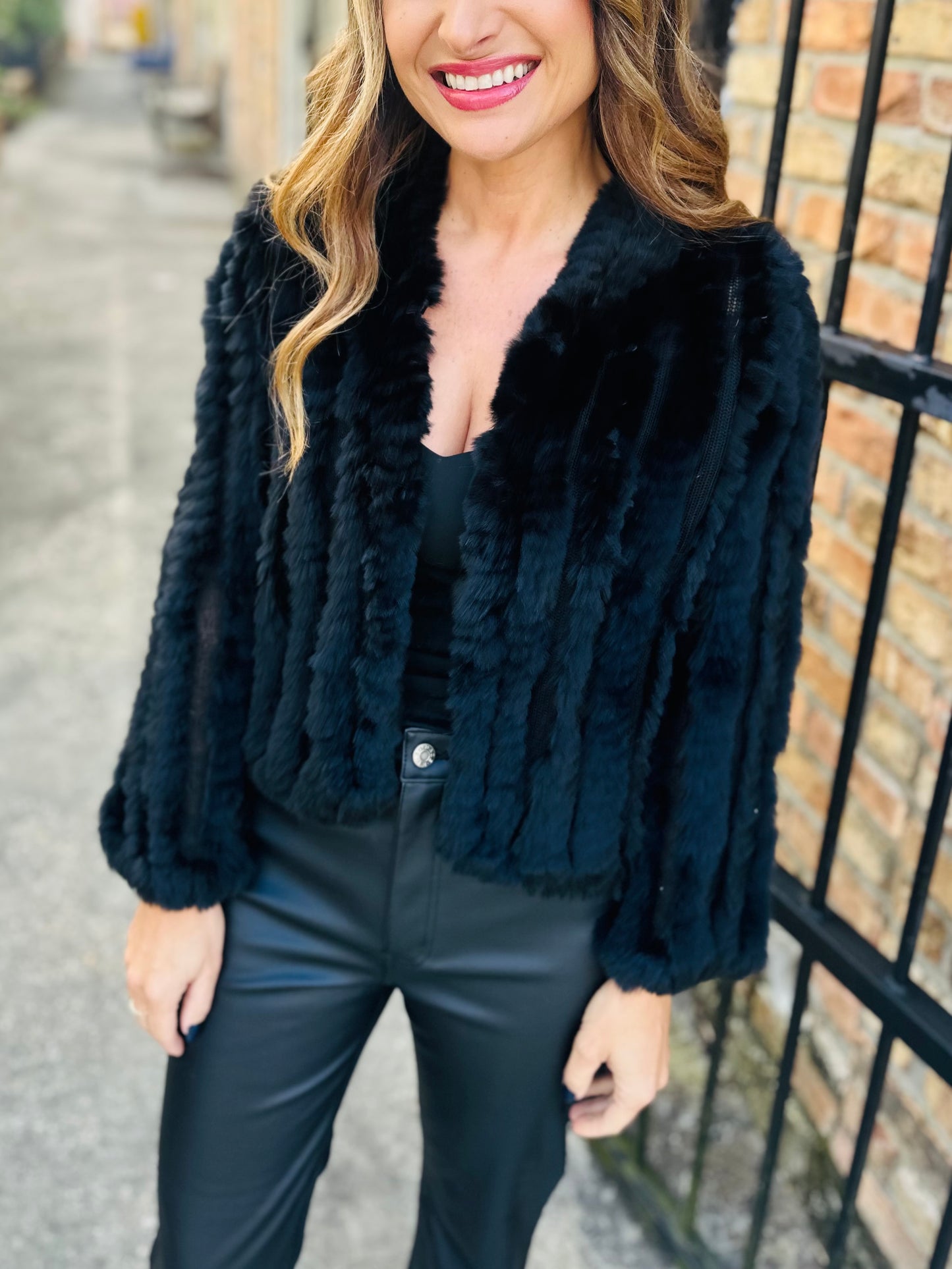 Rosa Faux Rabbit Fur Jacket- Black