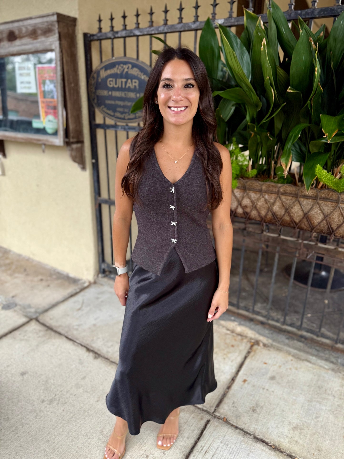 Rhinestone Bow Button Vest- Charcoal