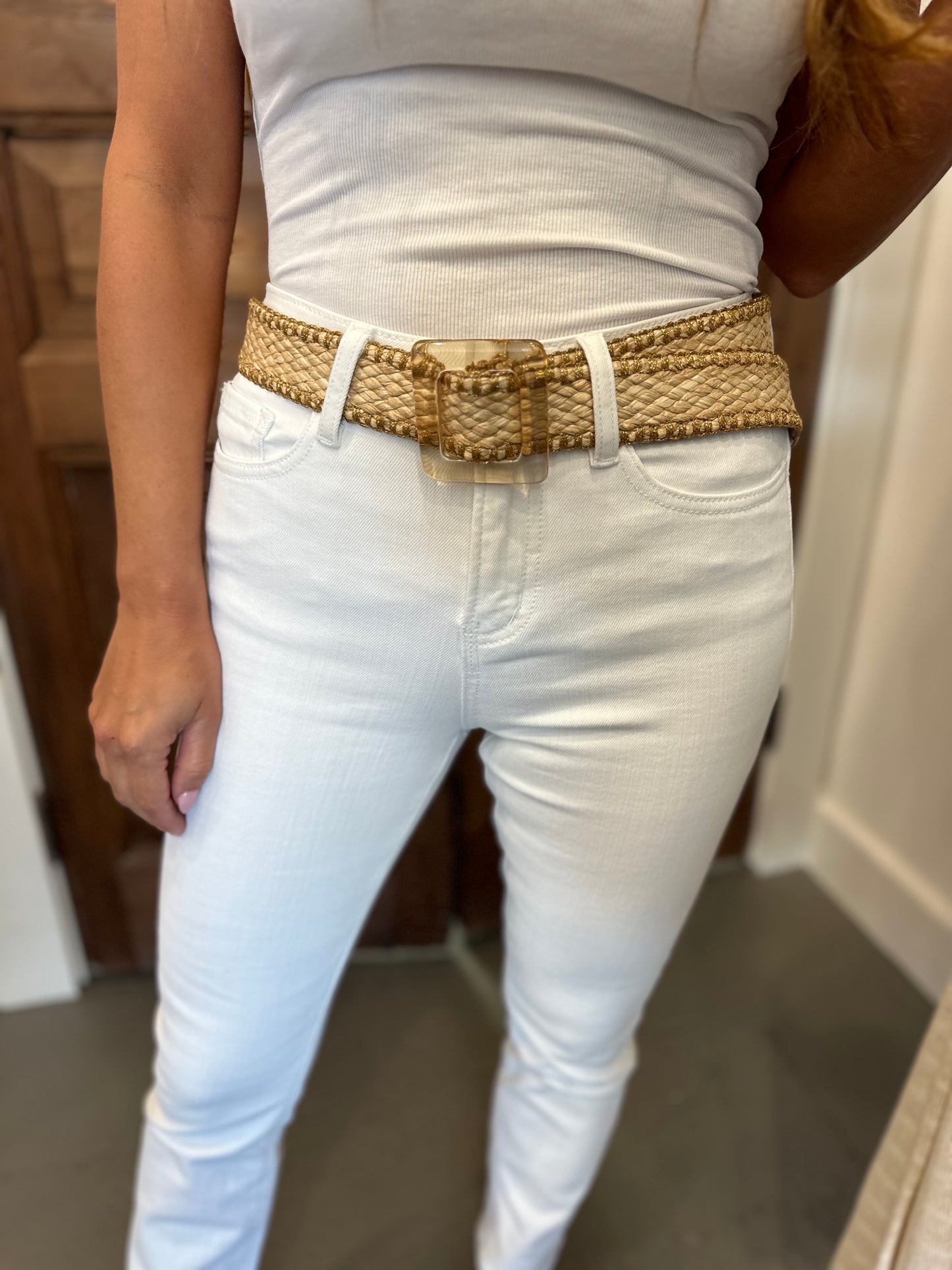 Indy Weave Square Buckle Belt- Ivory
