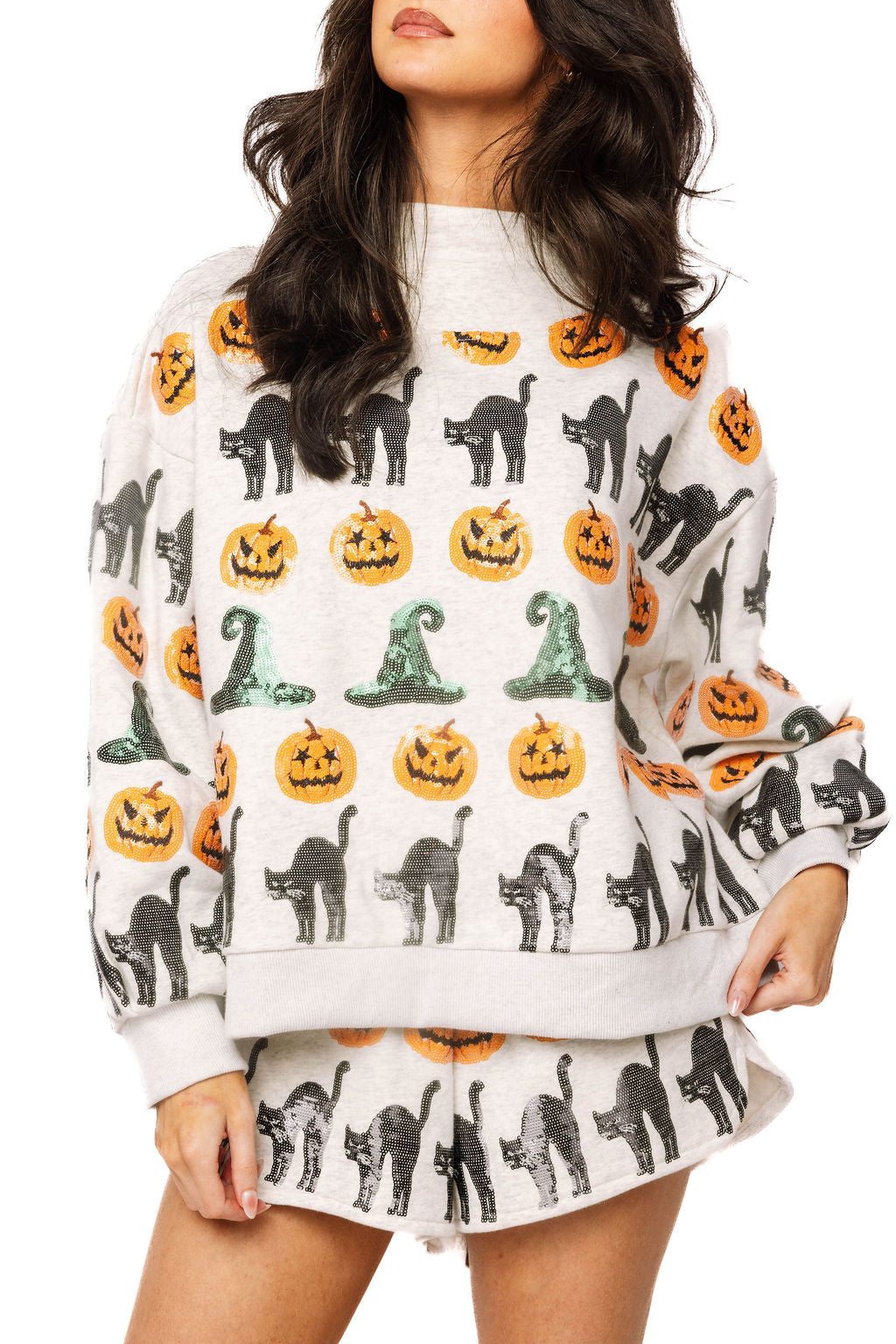 Witch Hat, Pumpkin & Cat Mockneck Sweatshirt