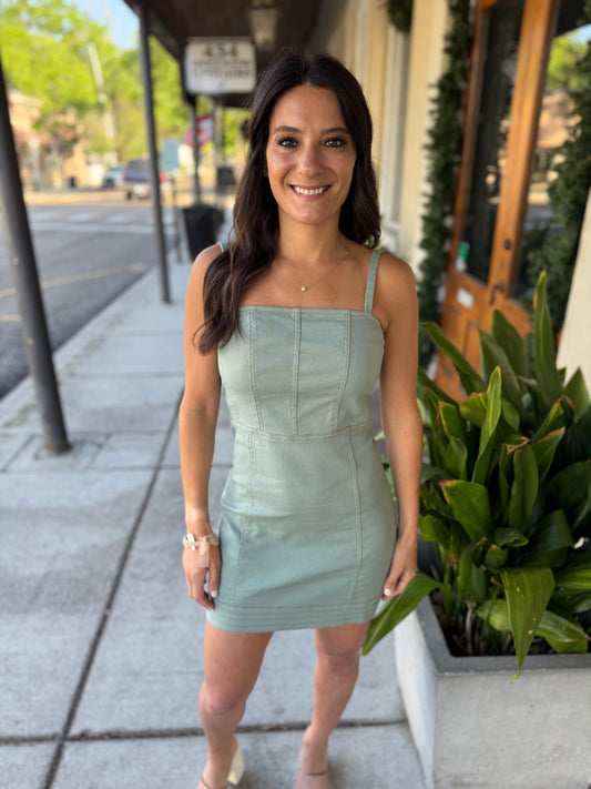 Alexa Contrast Stretch Denim Mini Dress- Mint