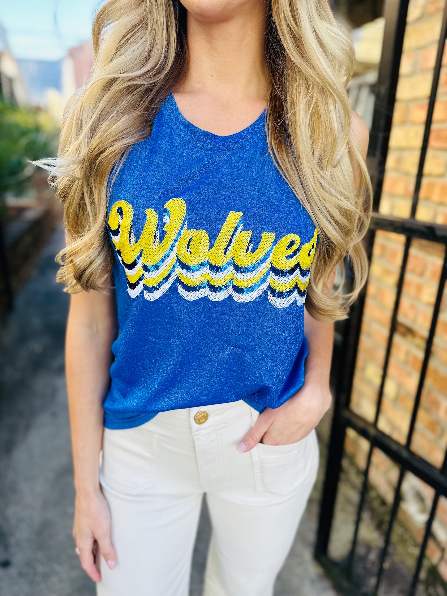 Wolves Script Glitter Tank- Blue