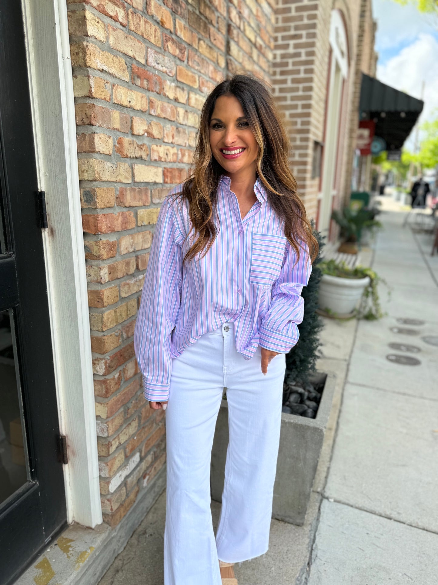 Vonn Button Down Top- Pink/Blue