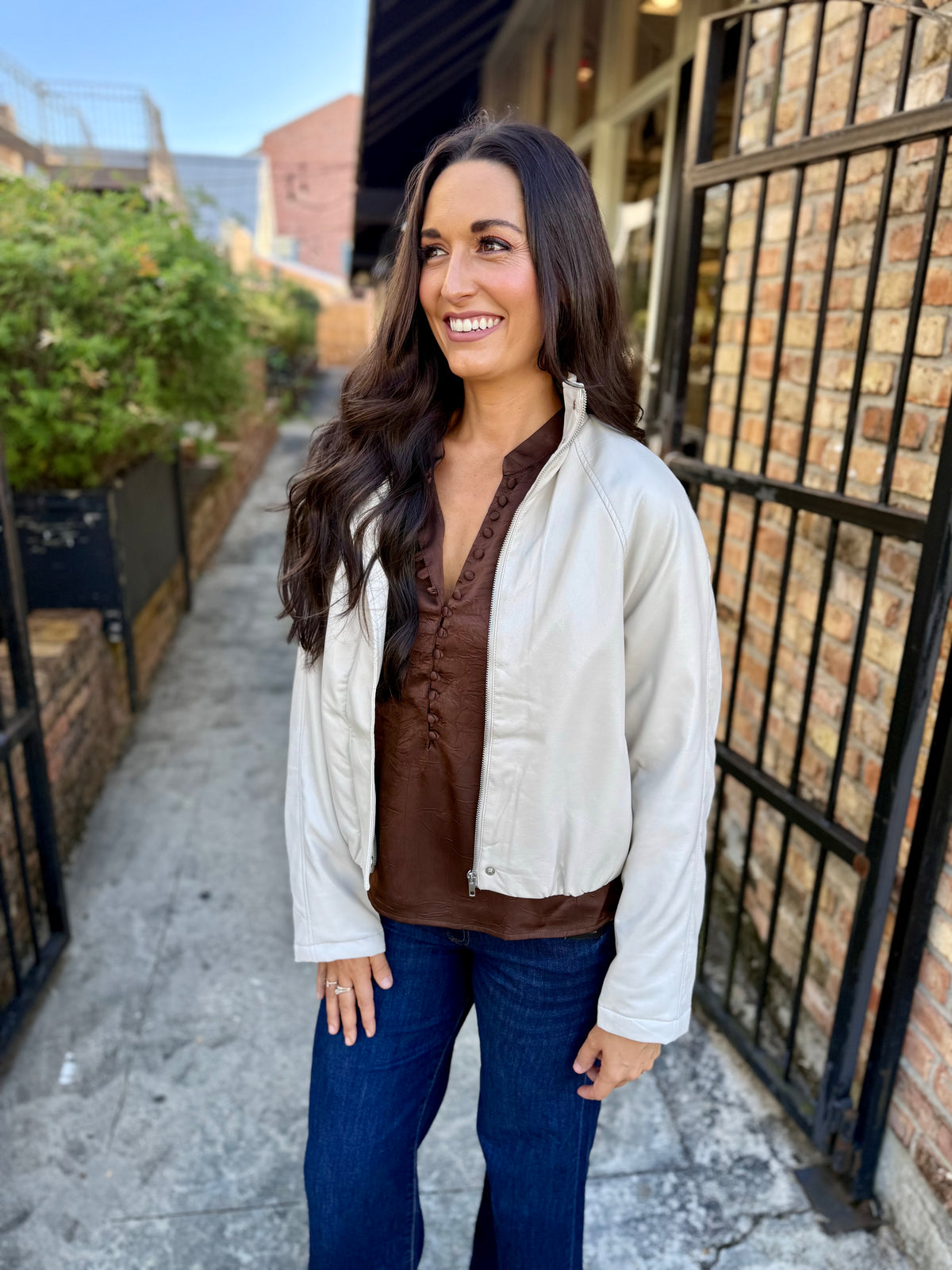 Philly Faux Leather Bomber Jacket- Ivory