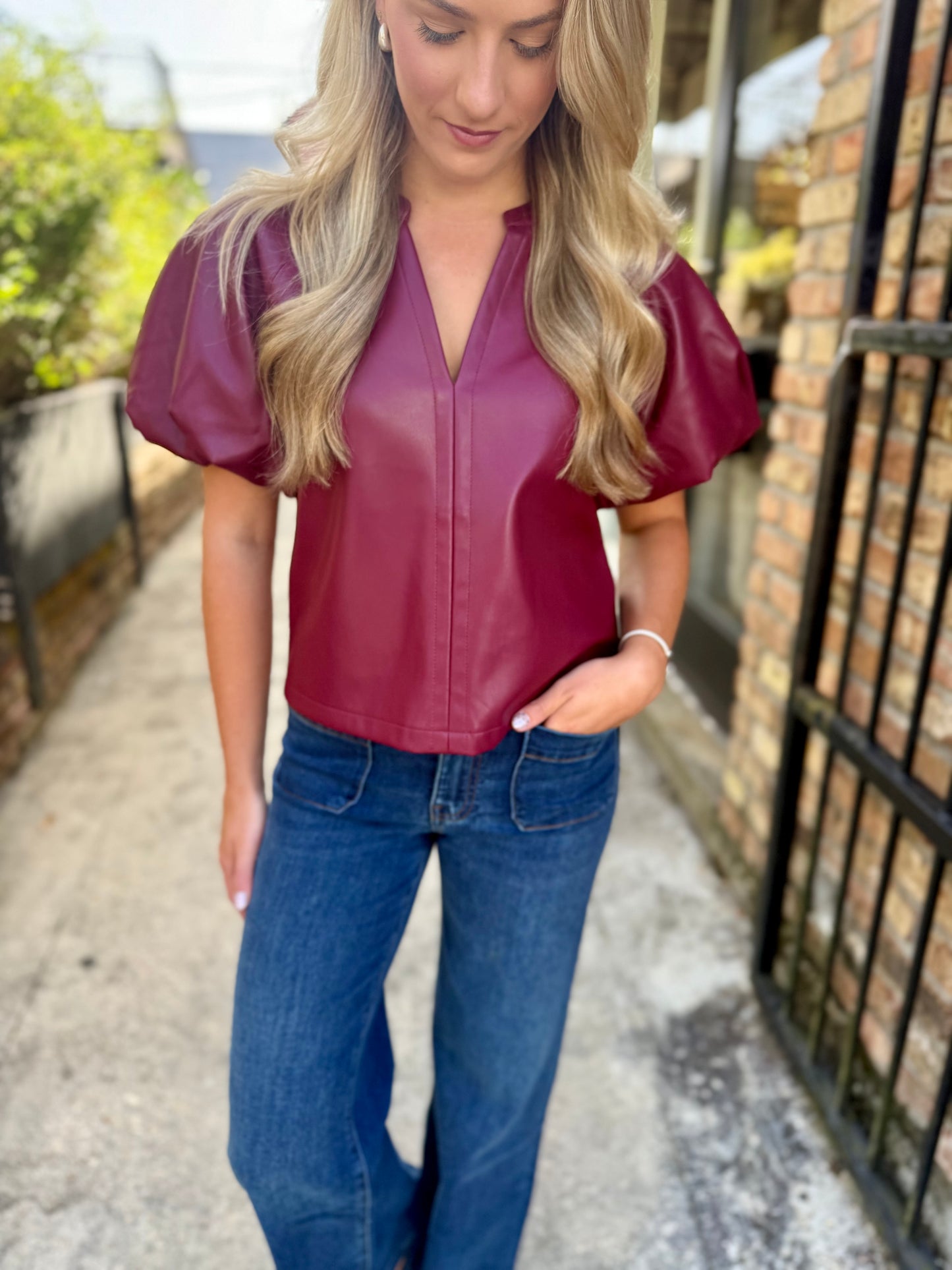 Cecila Faux Leather Top- Cordovan