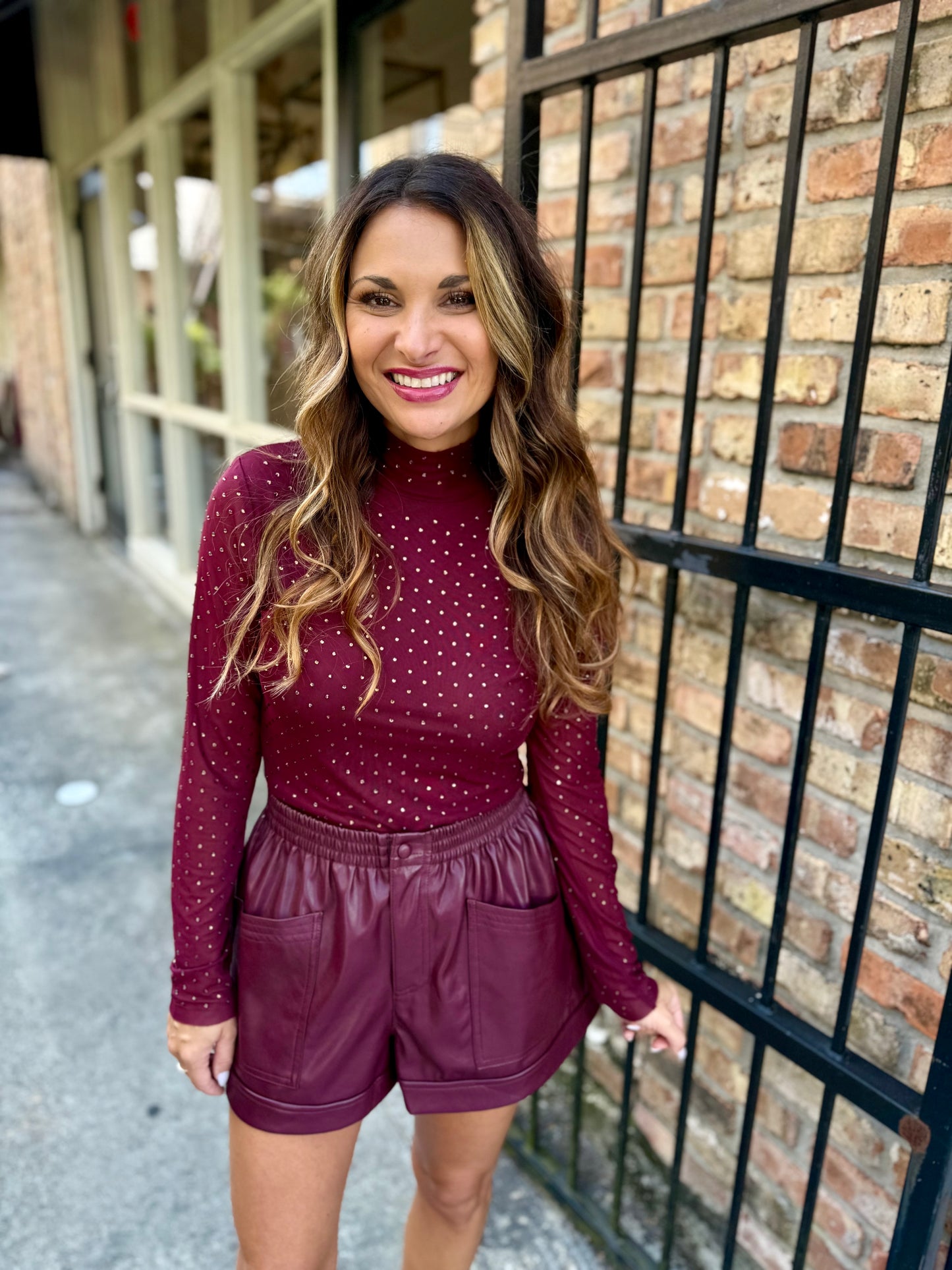 Embellished Mesh Mock Neck Top- Burgundy