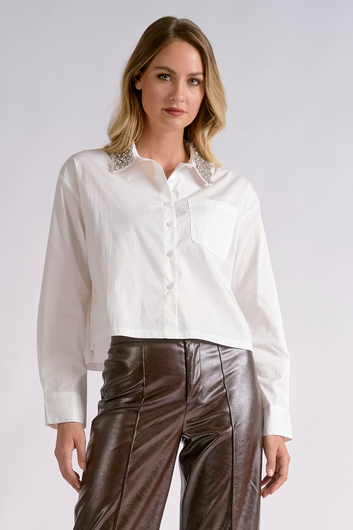 Embellished Stone Collar Poplin- White