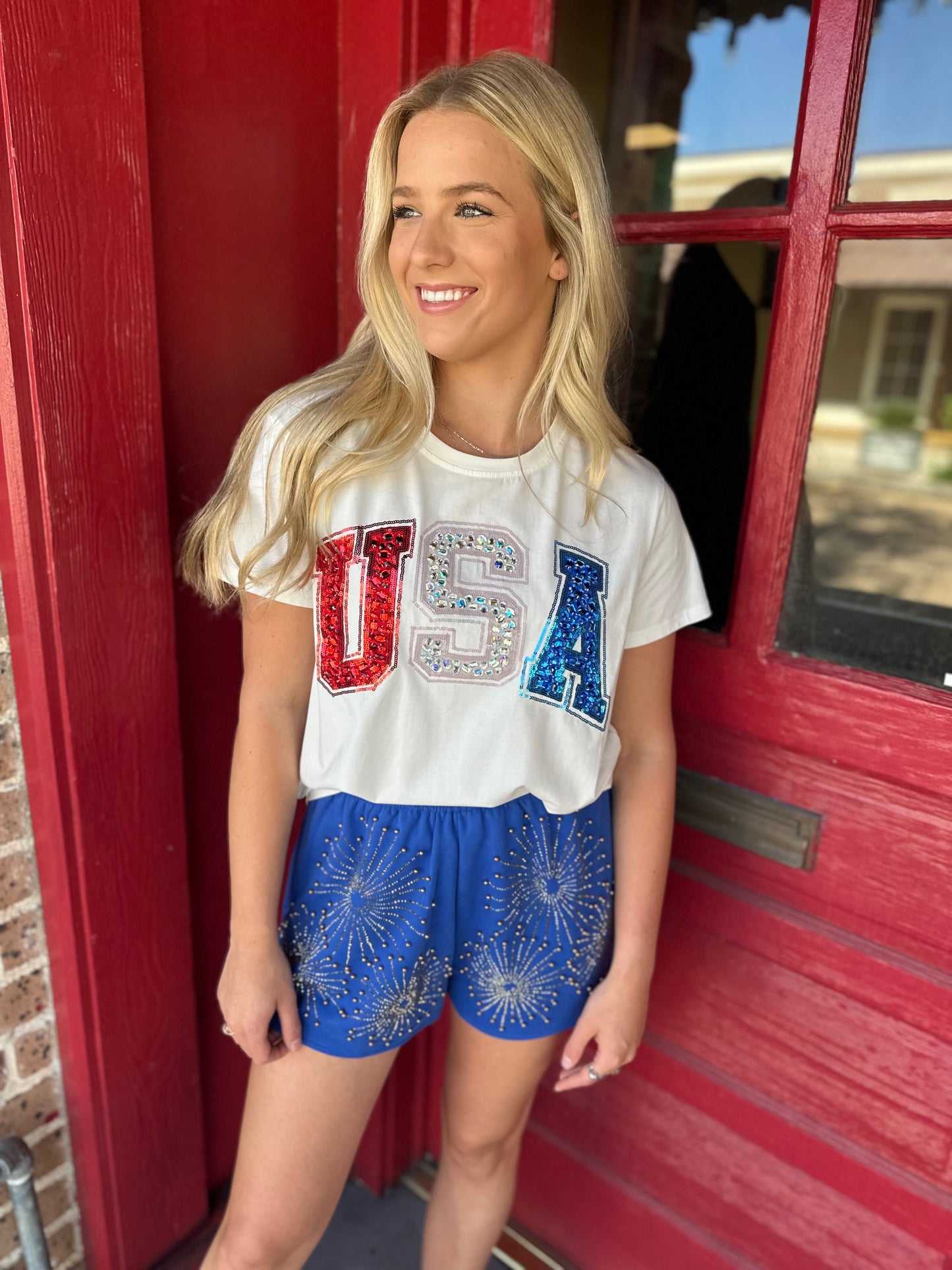 QOS Beaded USA Tee- White