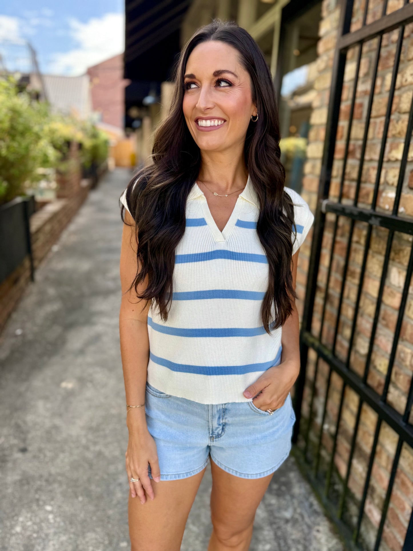 Collared Striped Polo Vest- Baby Blue