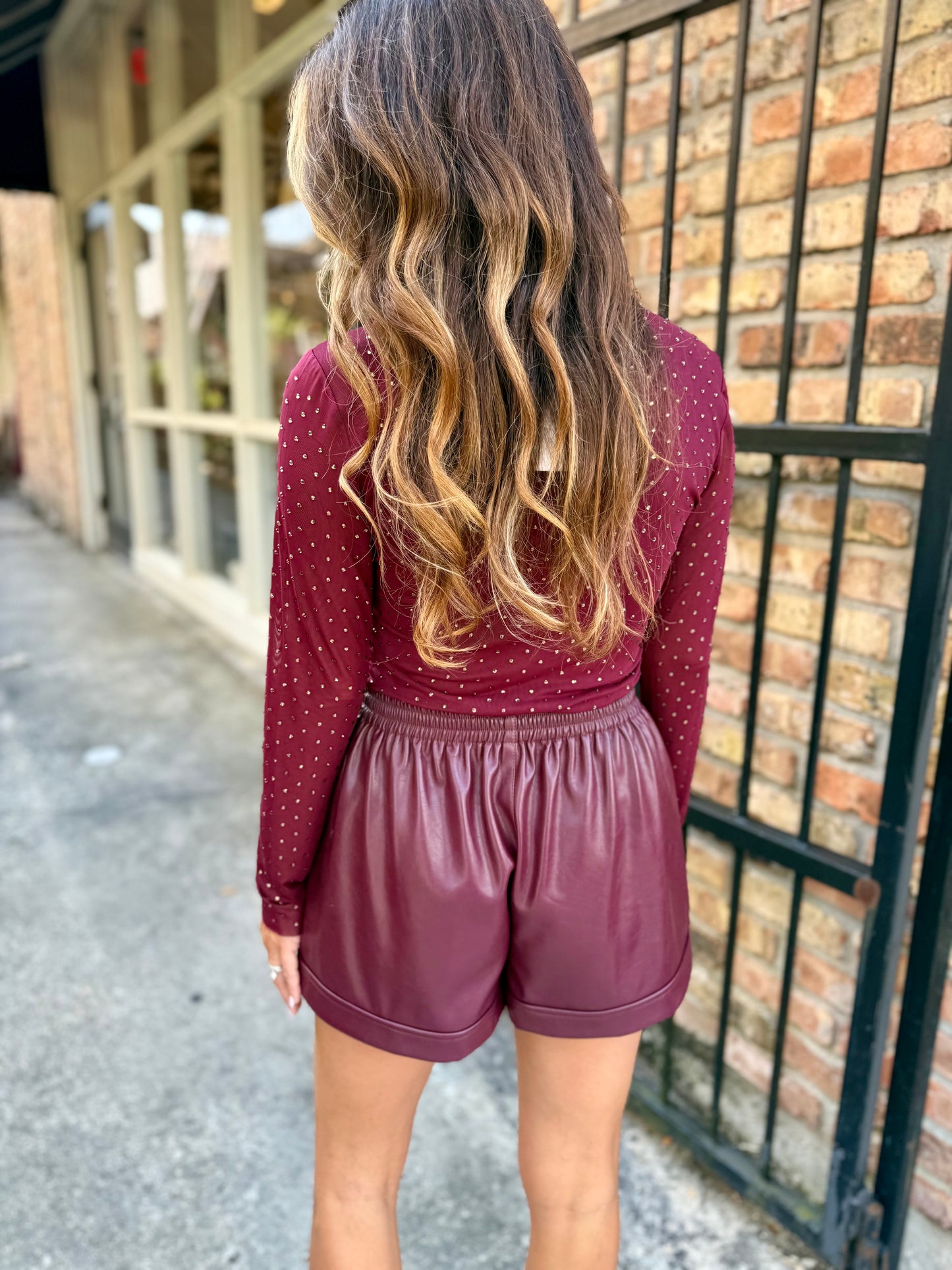 Embellished Mesh Mock Neck Top- Burgundy