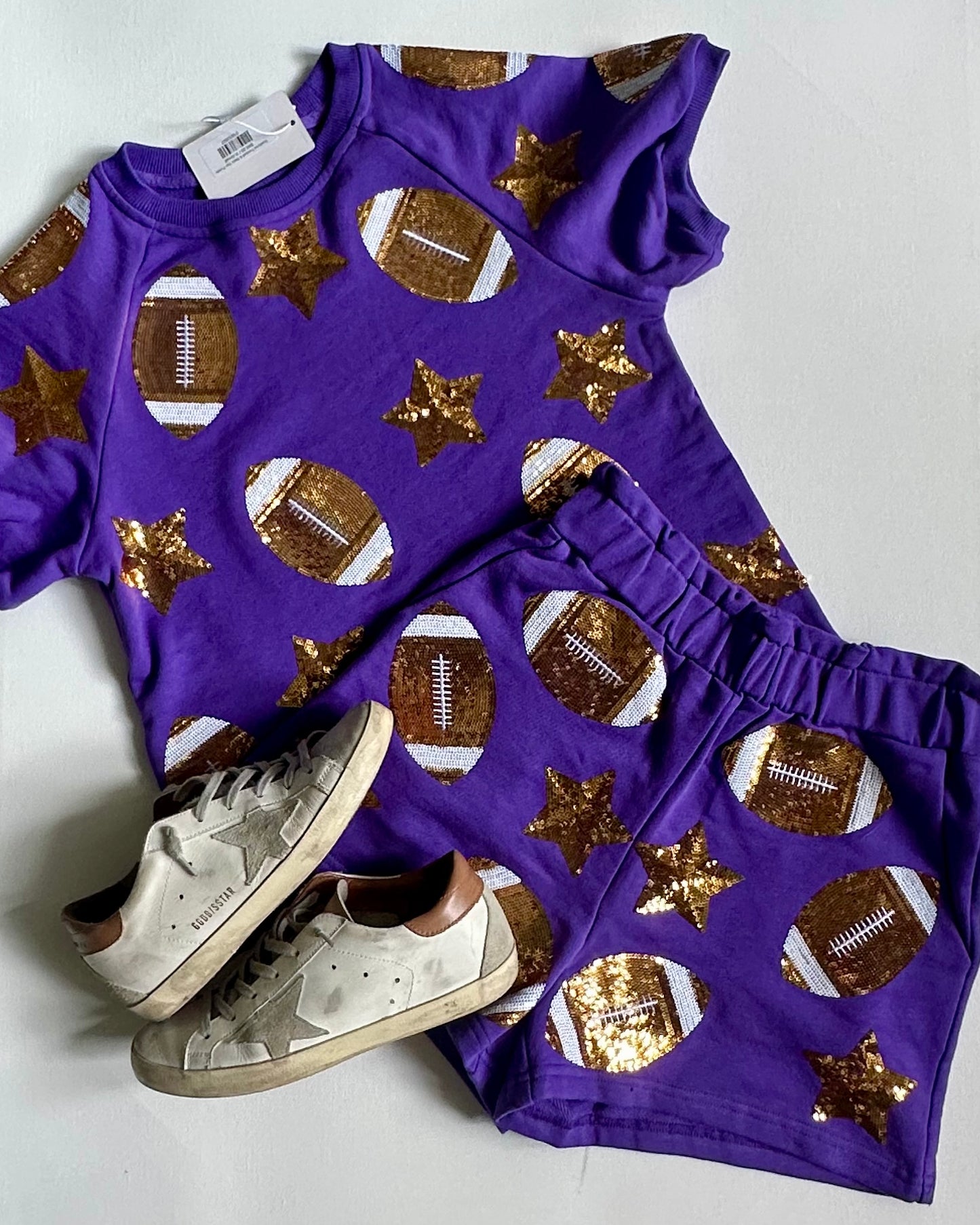 Scattered Football & Stars Shorts- Purple