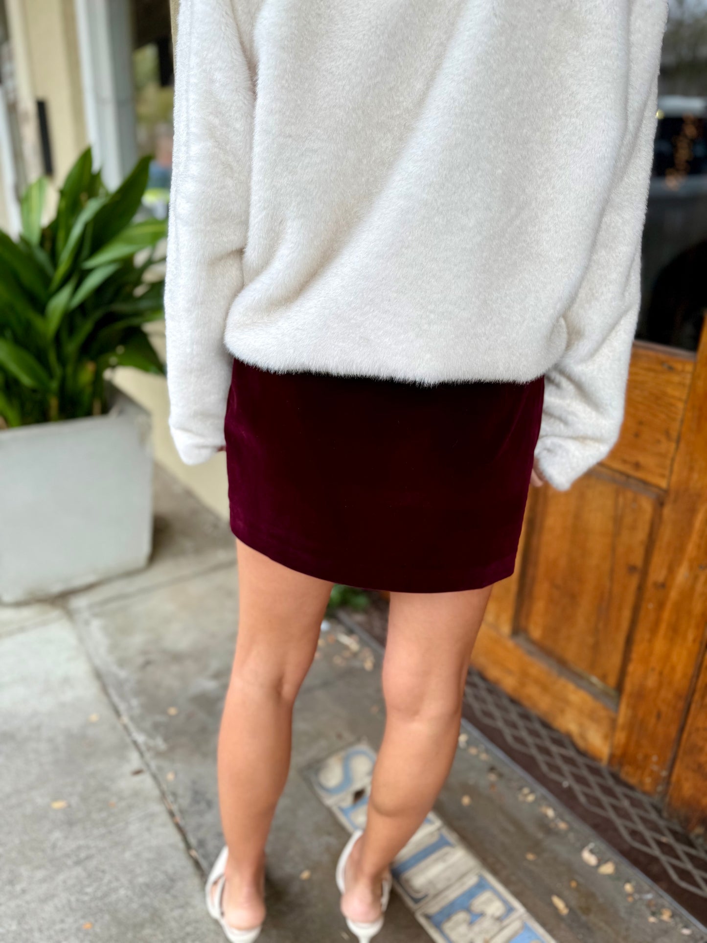 Velvet Jeweled Button Mini Skirt- Merlot
