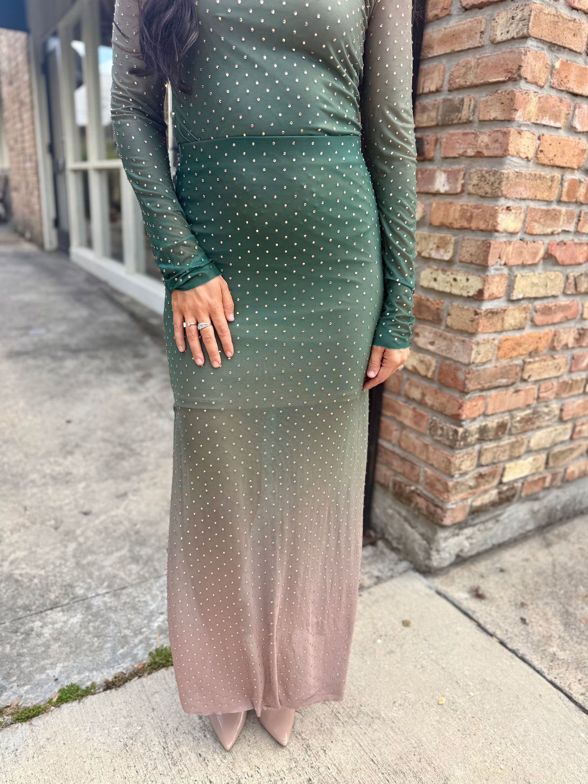 Embellished Mesh Maxi Skirt- Green