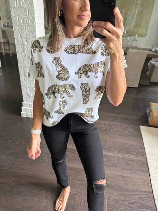 Sequin French Terry Top Tigers- White