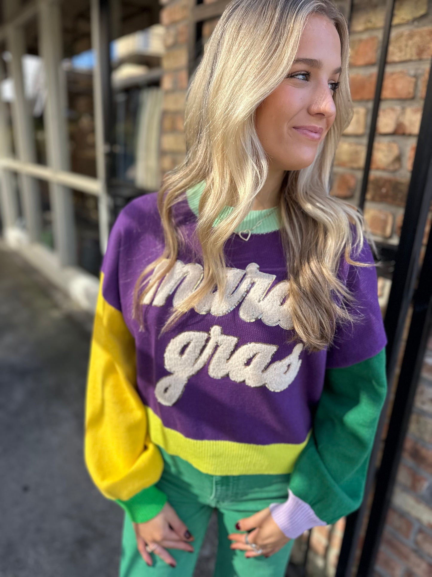 Mardi Gras Fuzzy Colorblock Sweater- Purple