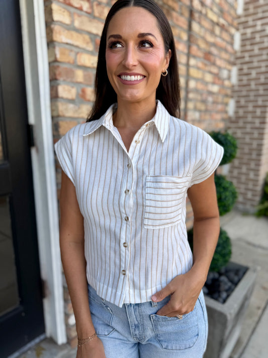 Barry Striped Button Up Top- Taupe