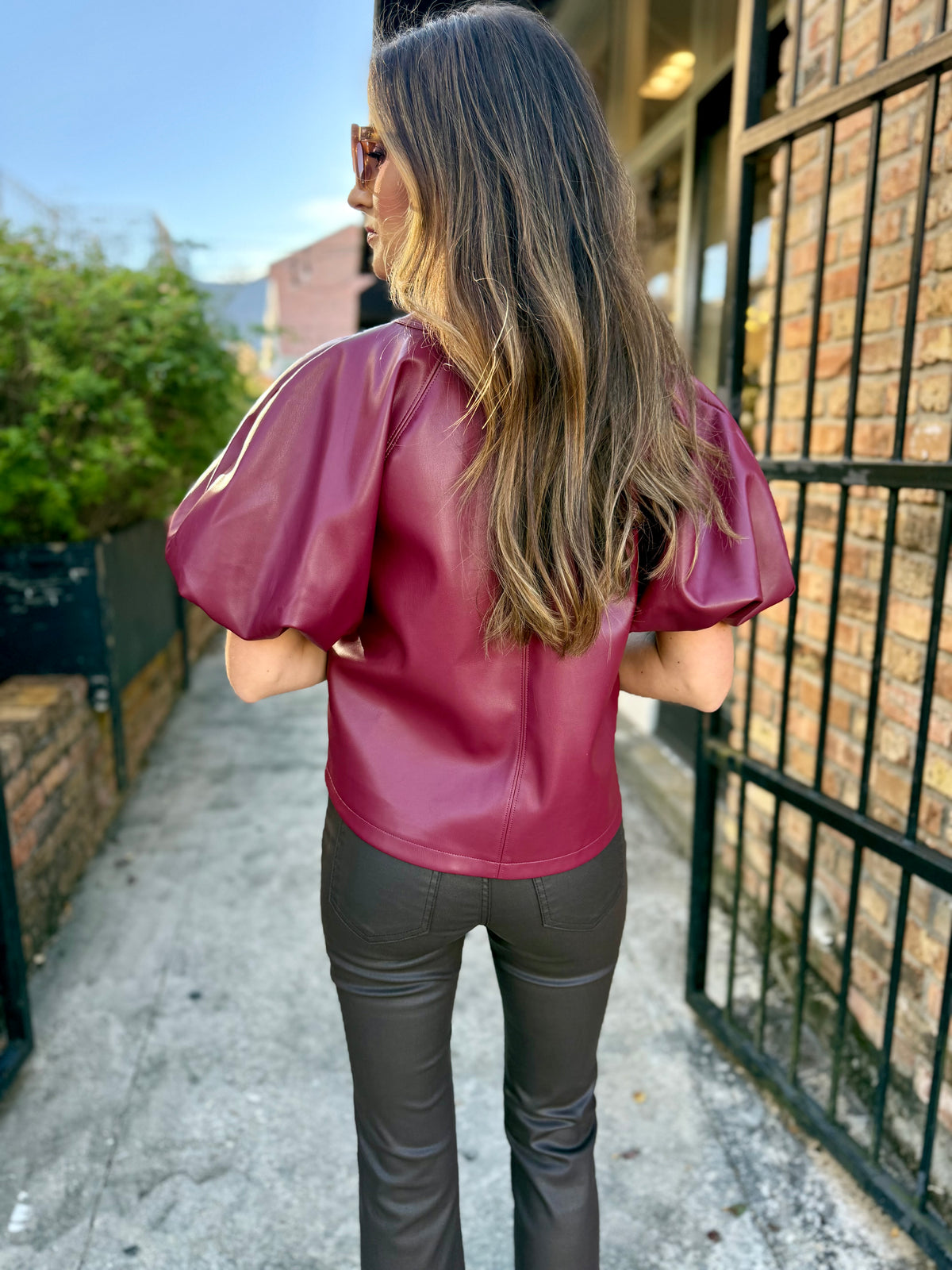 Cecila Faux Leather Top- Cordovan