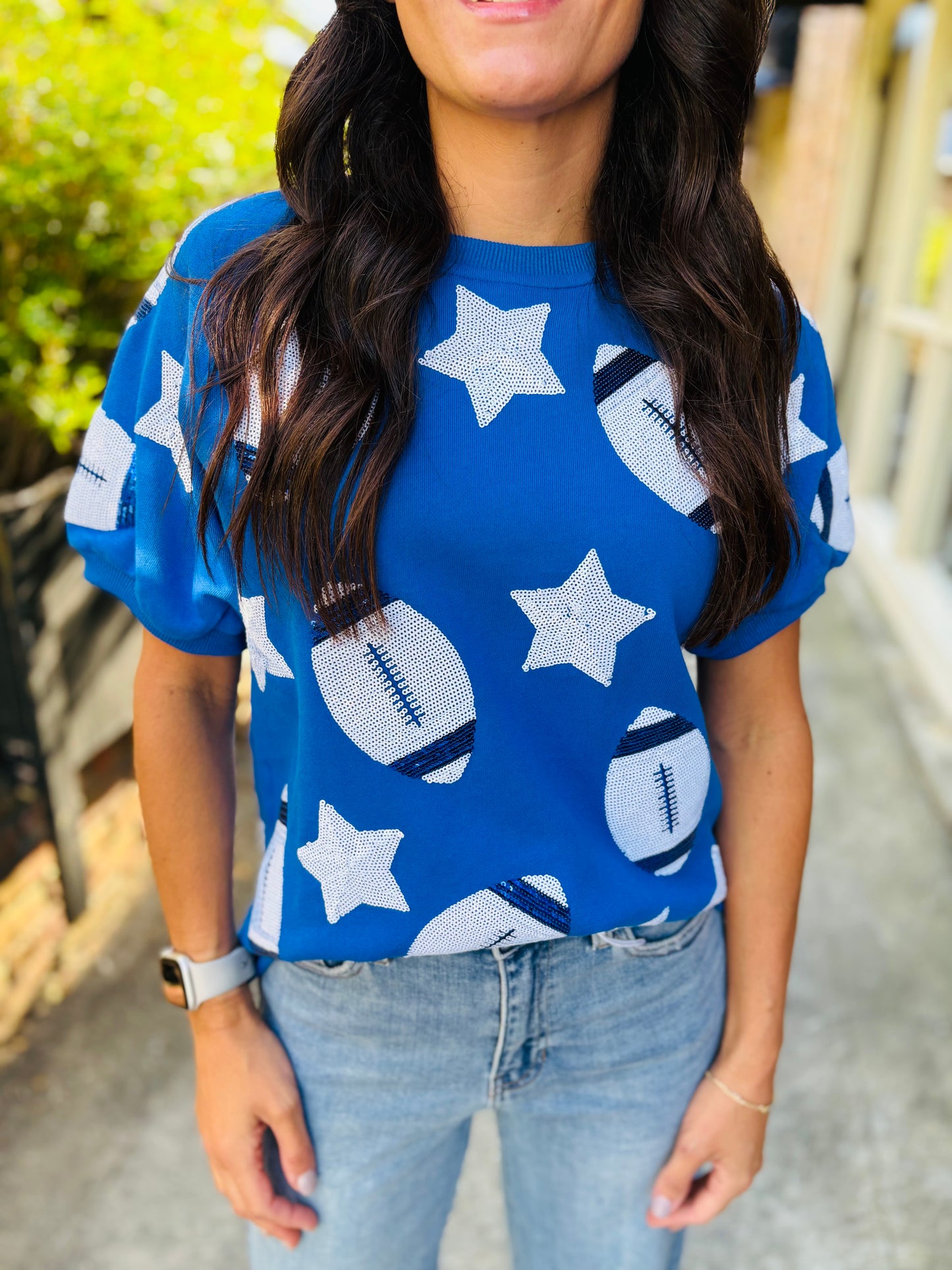 Scattered Football & Stars Top- Royal