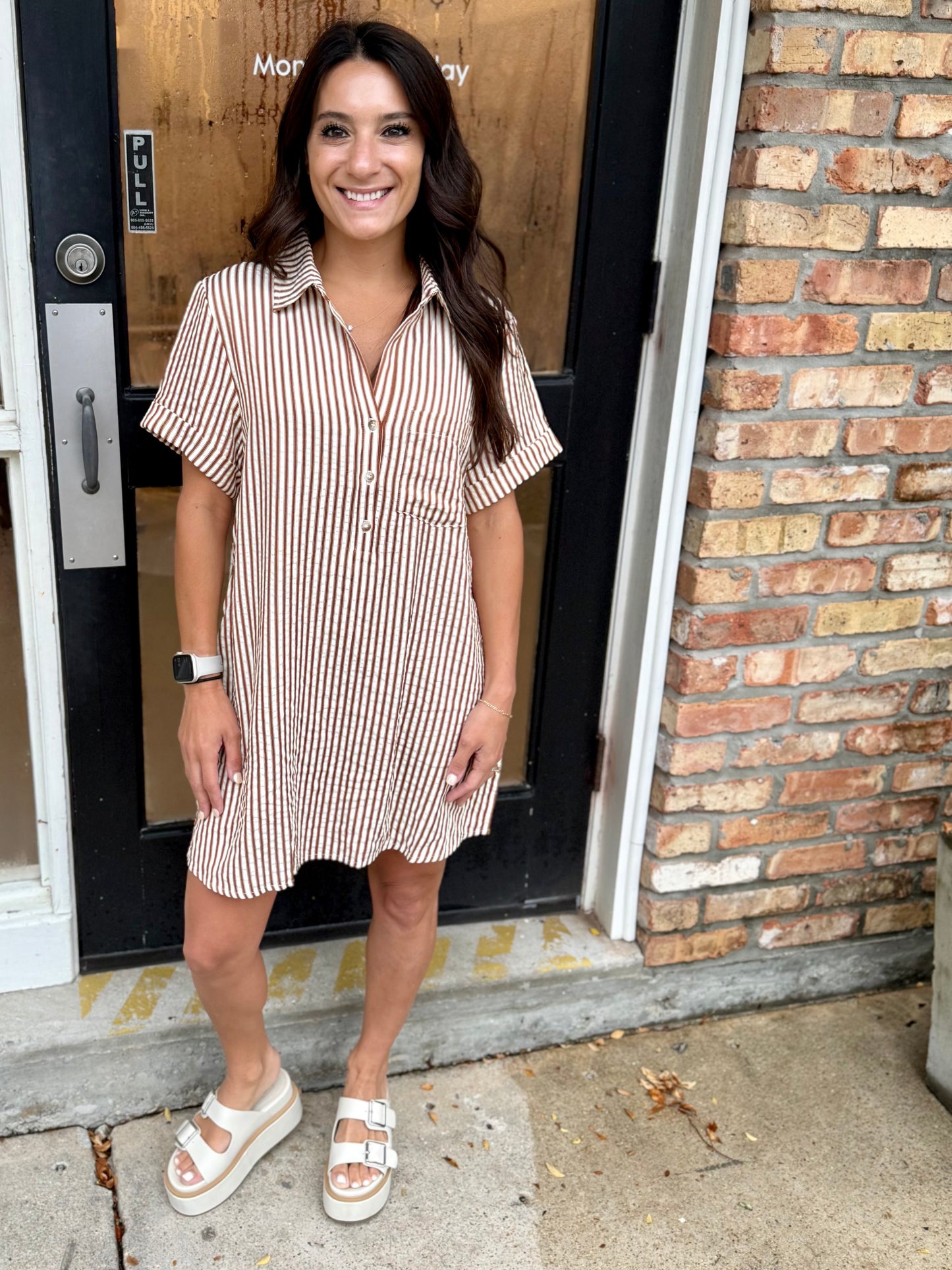 Day Striped Shirt Dress- Brown