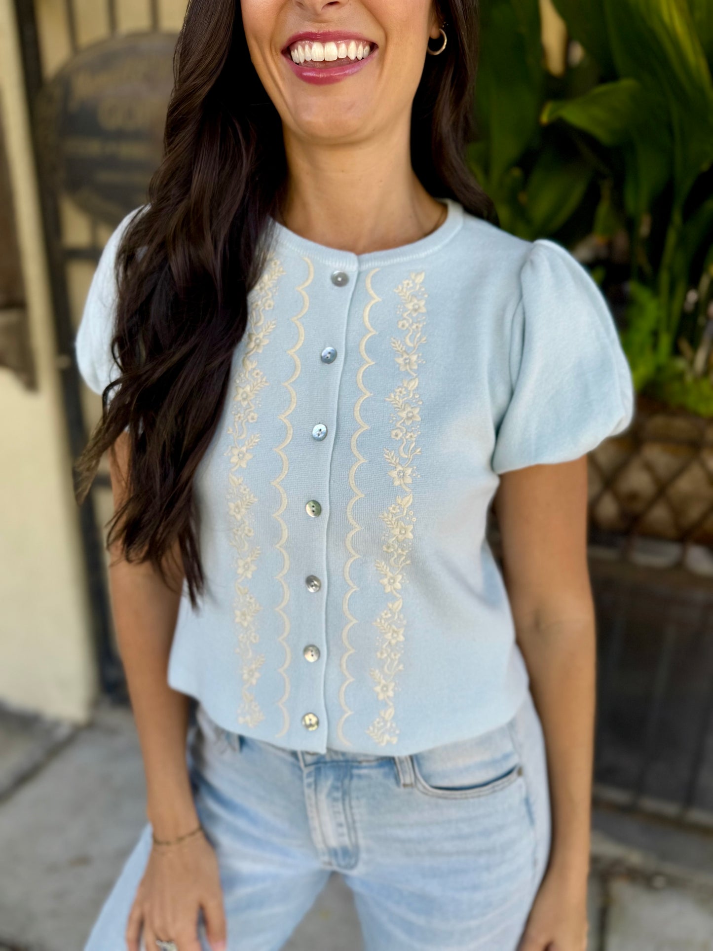Pepita Puff Sleeve Cardigan-Blue Emboridered