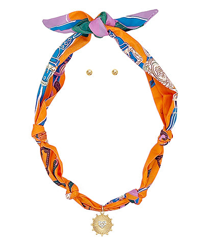 Scarf Necklace SET- Orange/Heart Charm