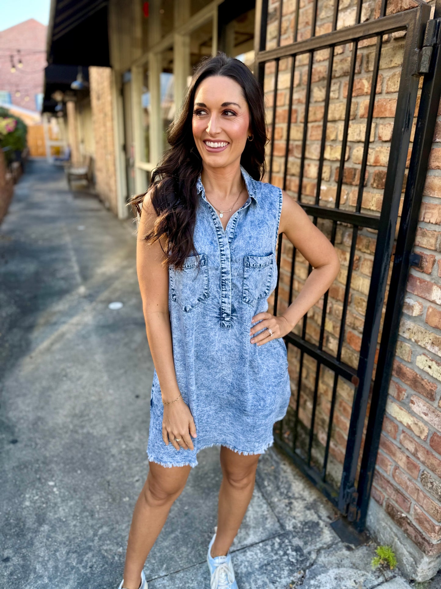 Double Pocket Moon Mini Dress- Washed Denim
