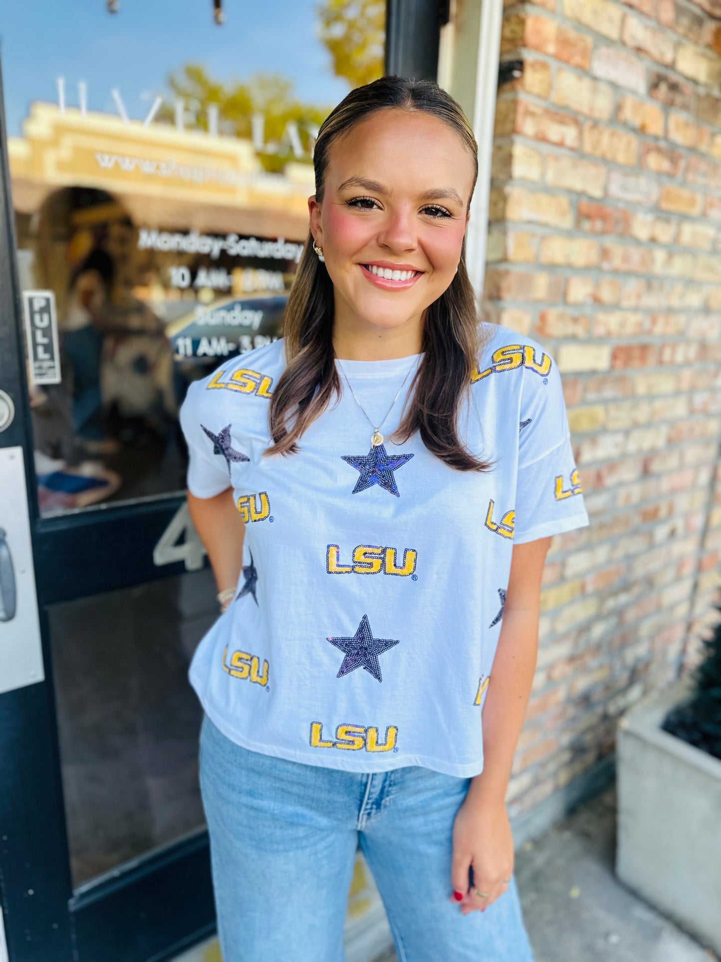 LSU All Over Sequin Boxy Tee- White