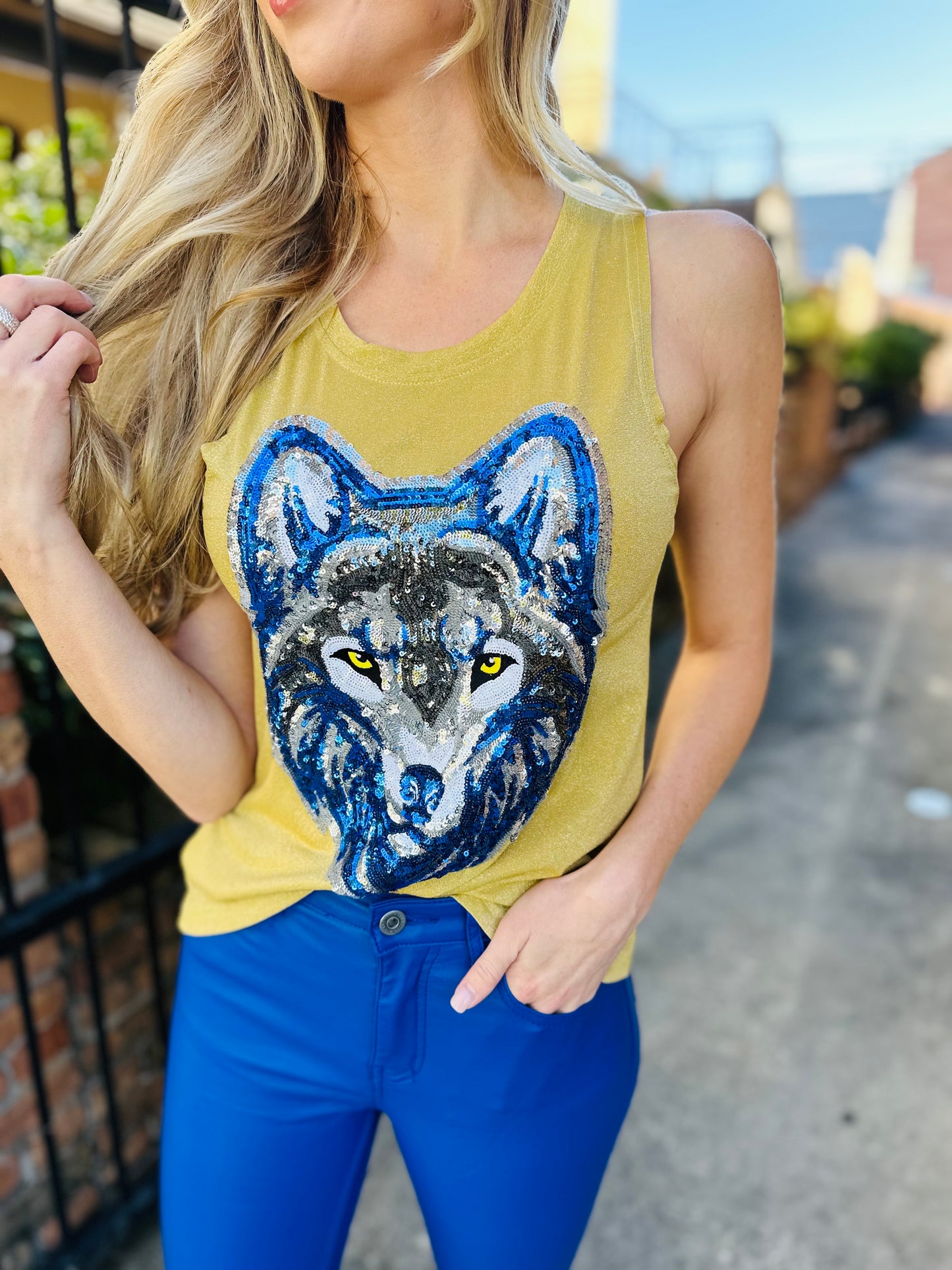 Wolf Glitter Head Tank- Gold