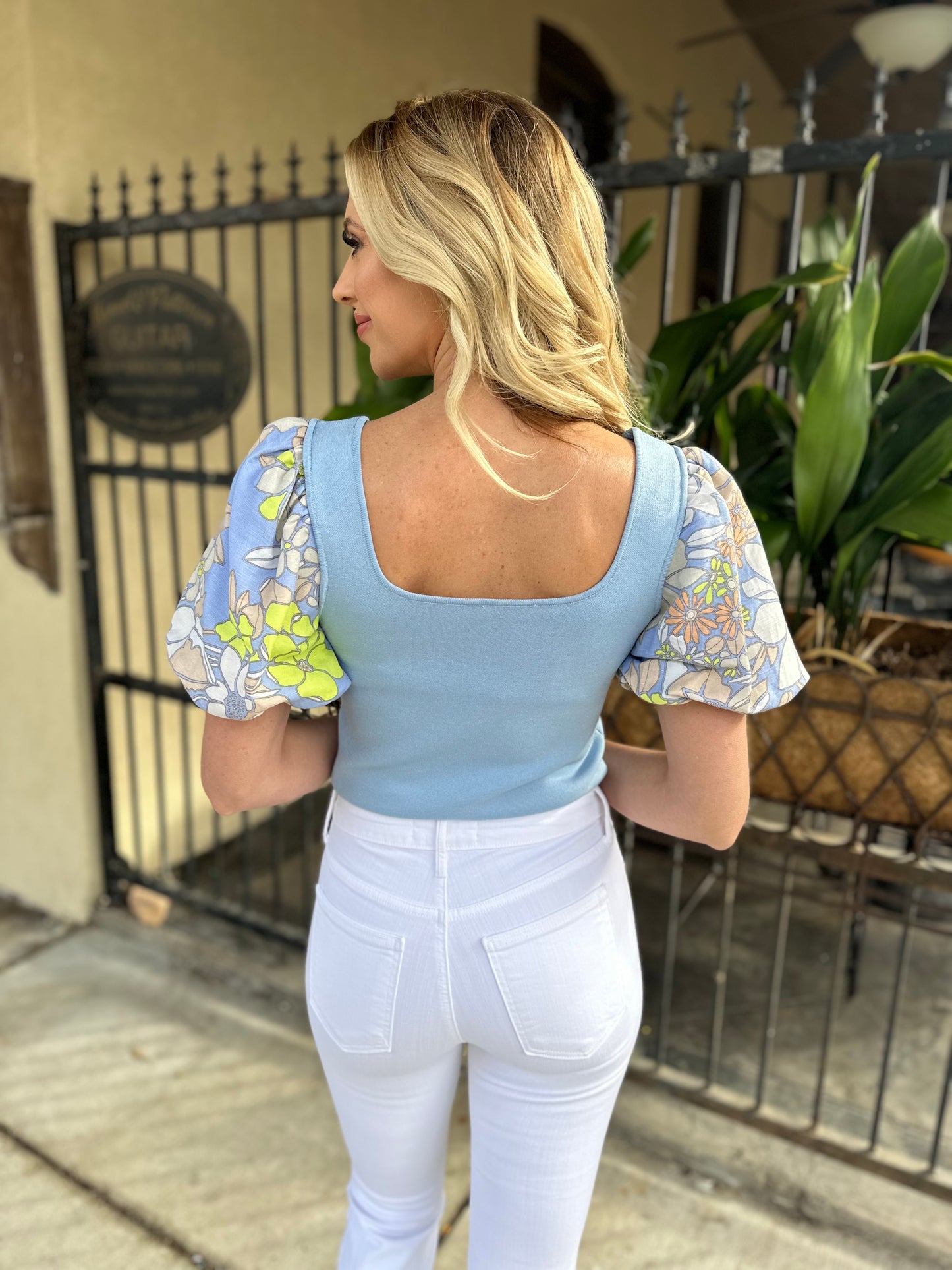 Floral Contrast Sleeve Top- Blue