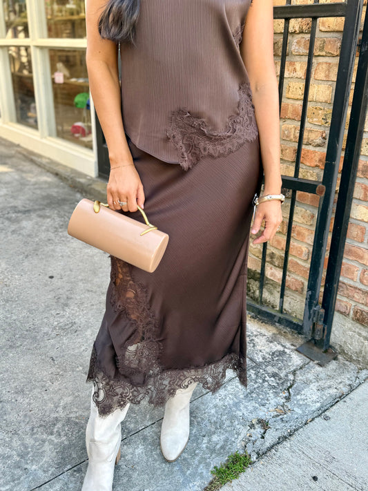 Meaux Mixed Lace Midi Skirt- Brown