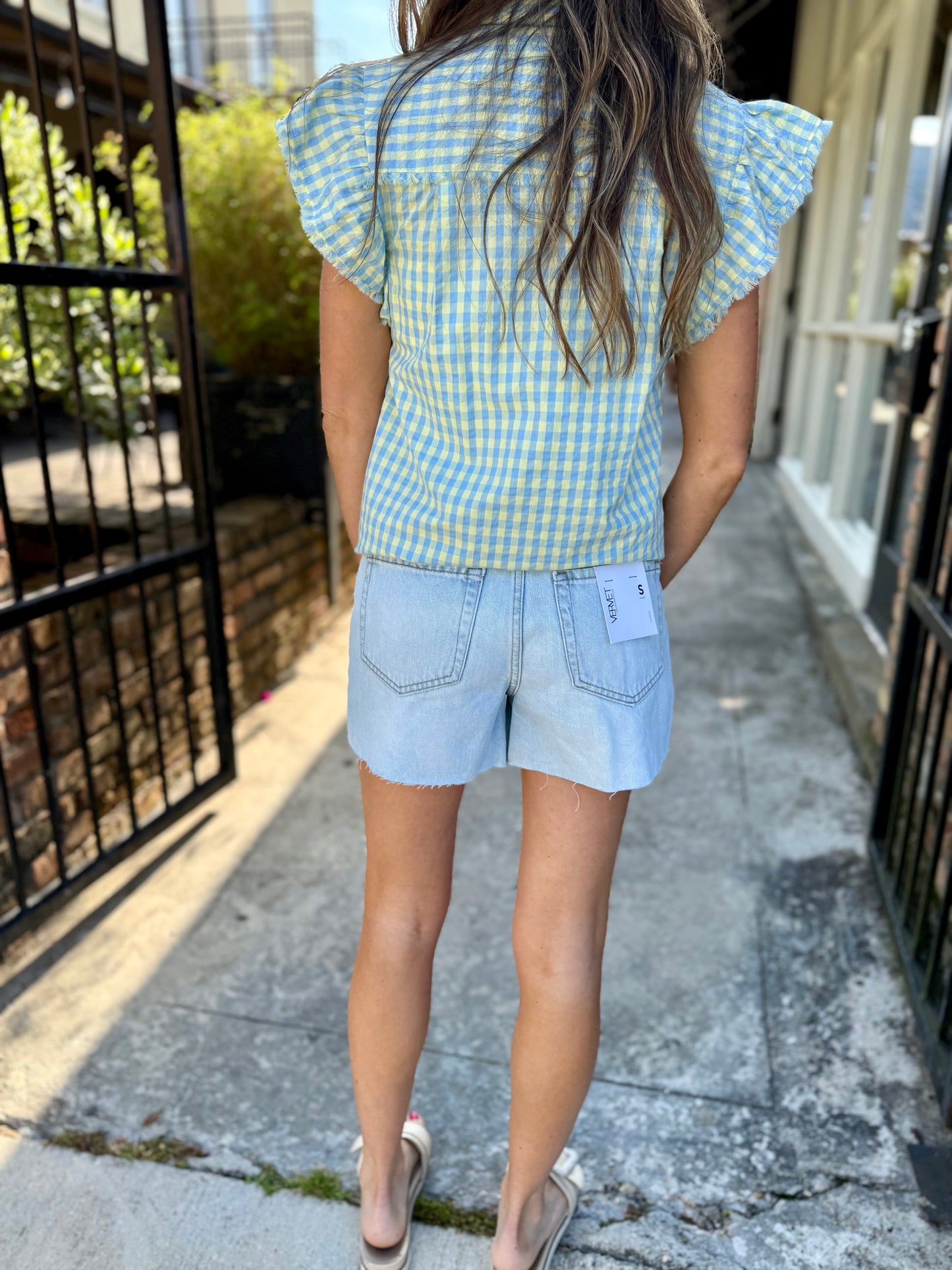 Burb Gingham Flutter Sleeve Top- Blue/Yellow