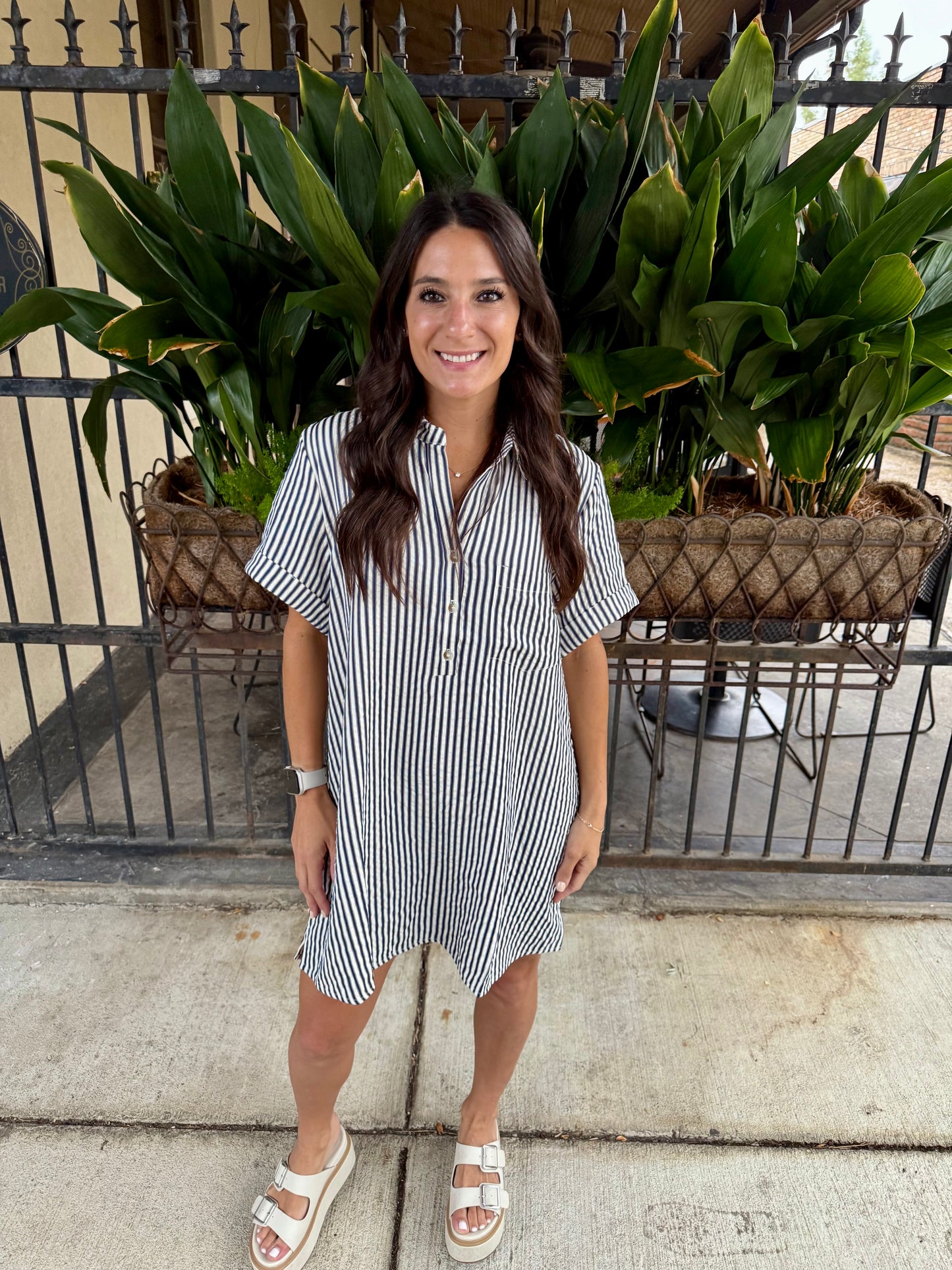 Day Striped Shirt Dress- Navy