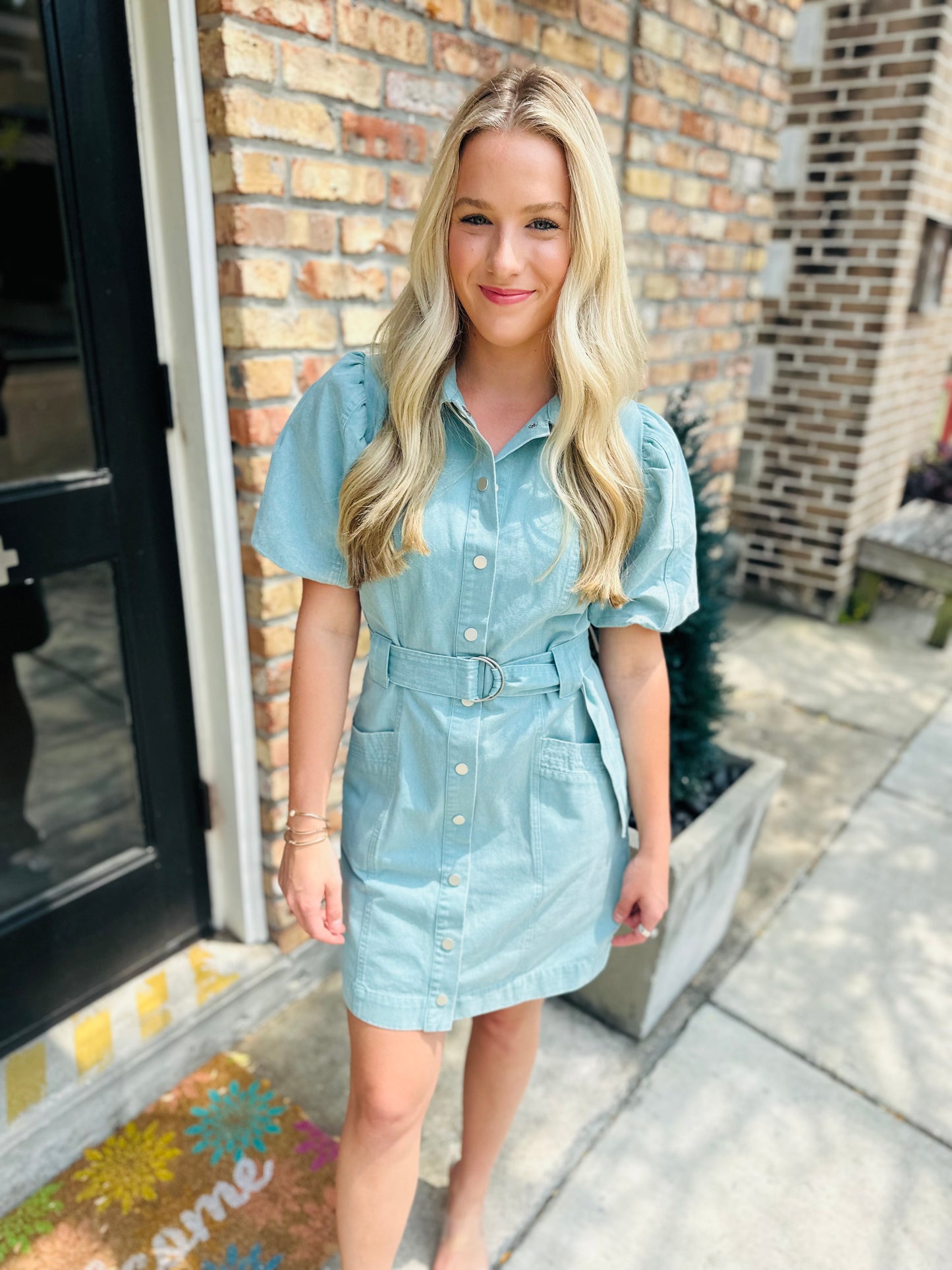 Abide Button Denim Dress- Mint