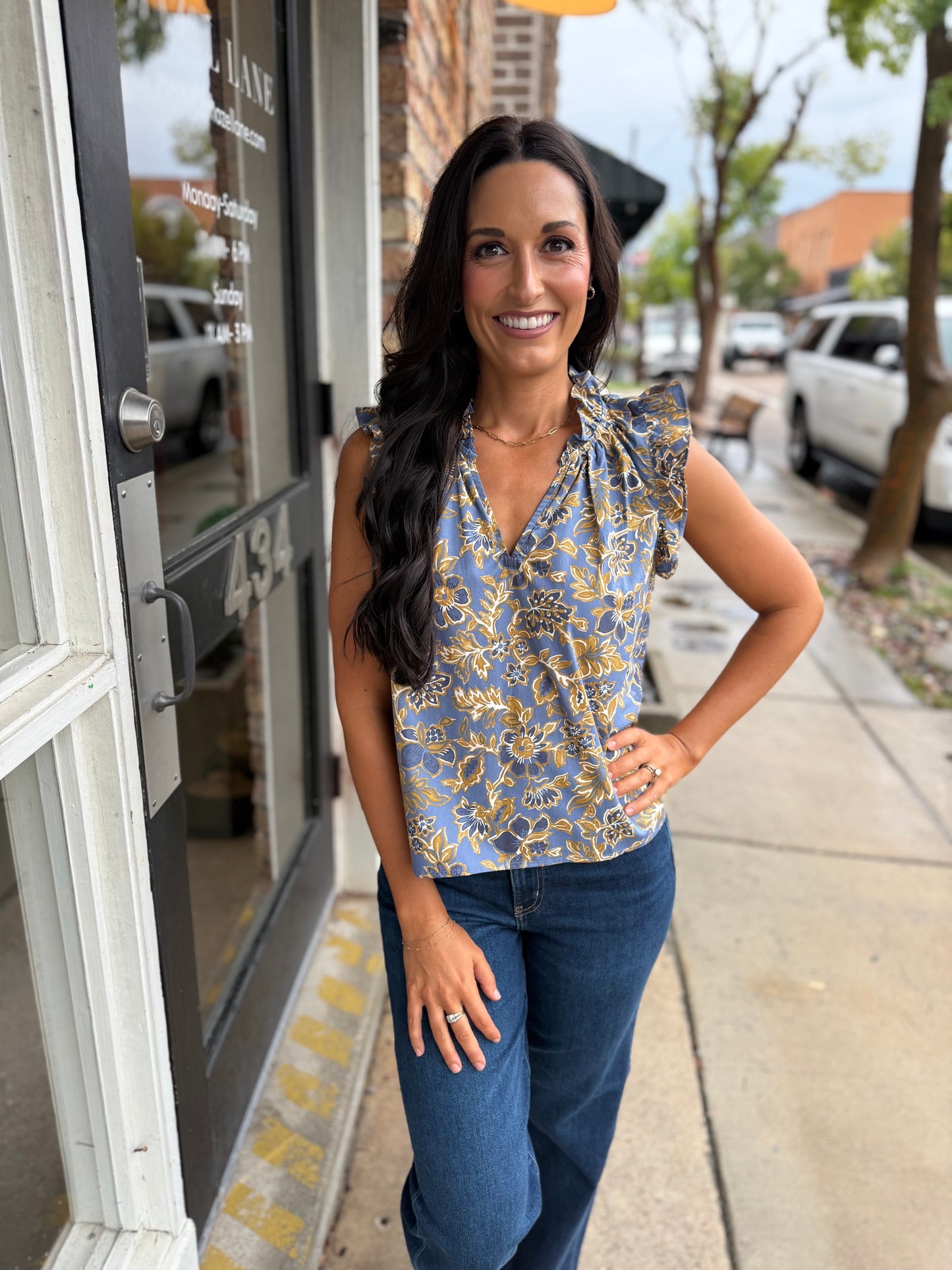 Dusty Indigo Floral Ruffle Top